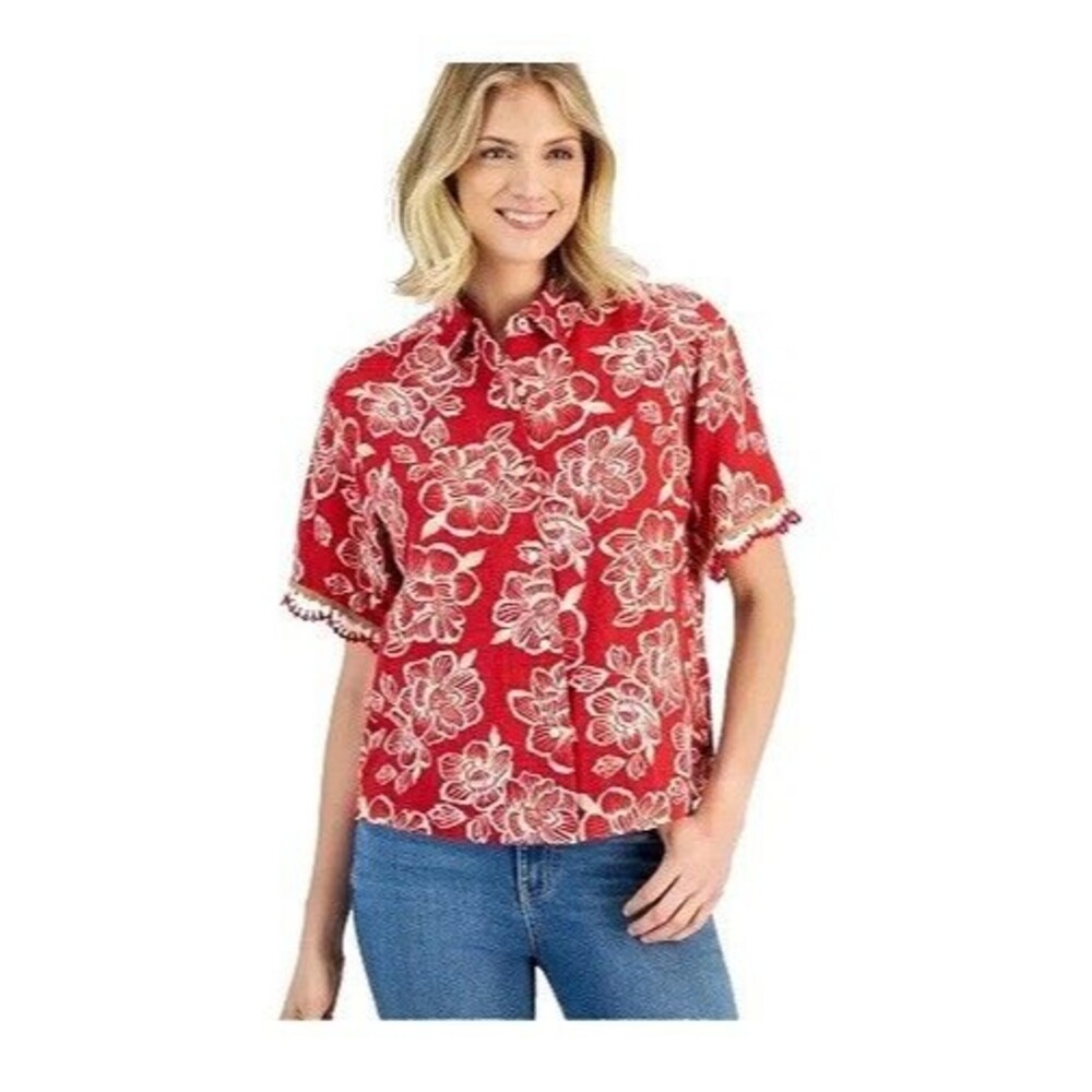 Nautica Womens M Red Samba Multi Crochet Trim Button Up Short Sleeve Top NWT M26